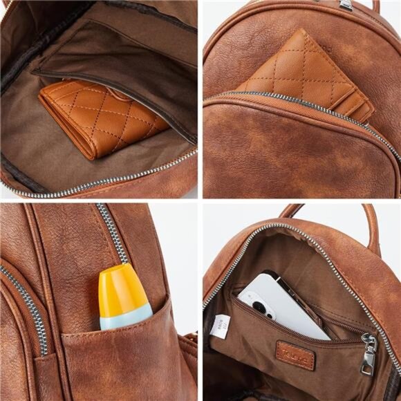 Womens Small Backpack Vegan Leather Camel Brown - Picture 5 of 6